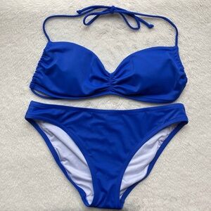 Victoria’s Secret Bikini Ruched Adjustable Halter Top Hipster Bottom Royal Blue